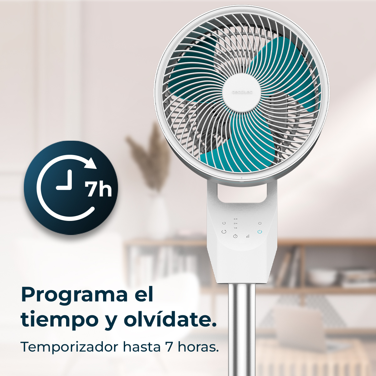 Un ventilador blanco y turquesa. Un icono de temporizador muestra 7h. El texto dice: 'Programa el tiempo y olvídate. Temporizador hasta 7 horas.'