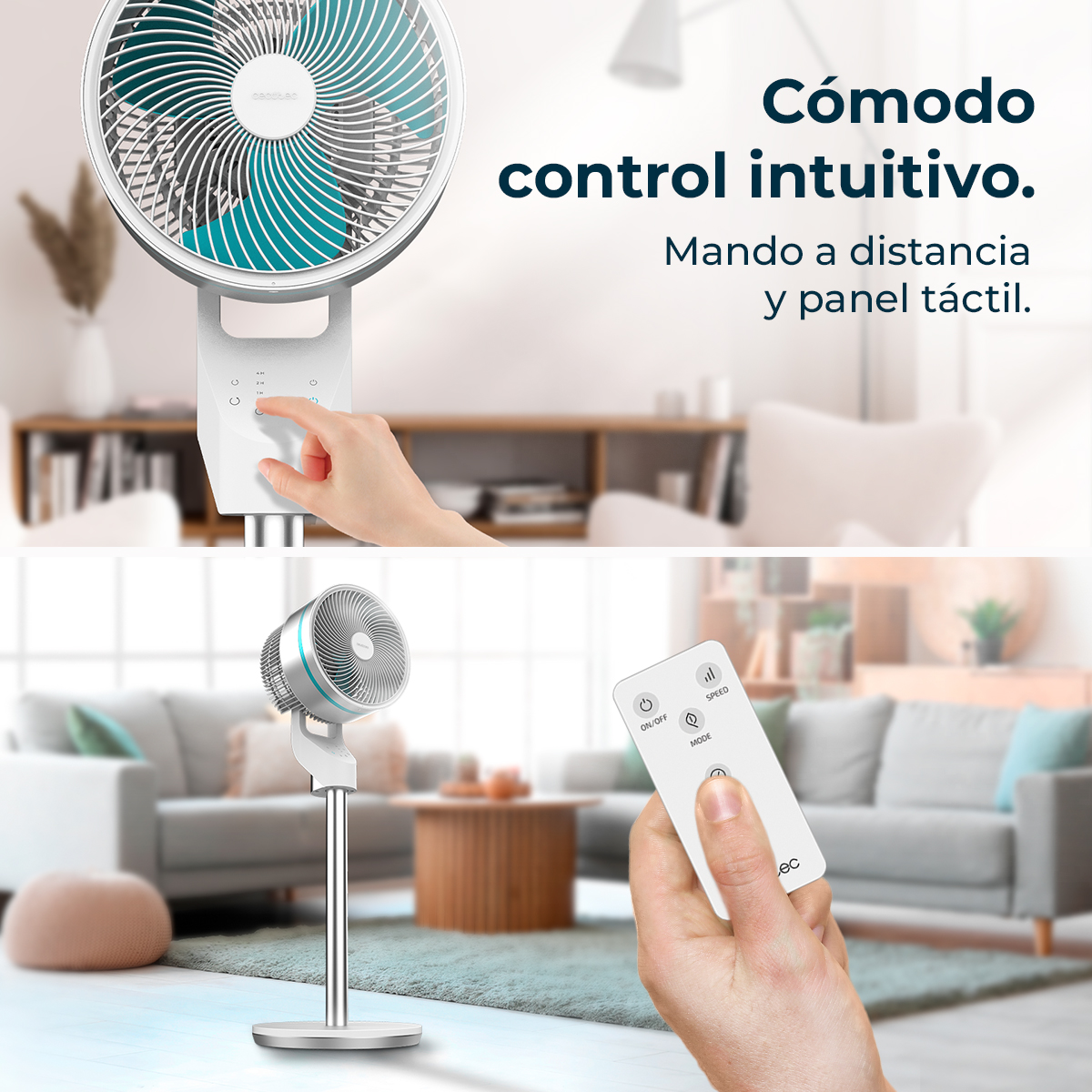 La imagen muestra un ventilador blanco con mando a distancia. Una mano toca el panel de control del ventilador. La segunda imagen muestra el mando.
