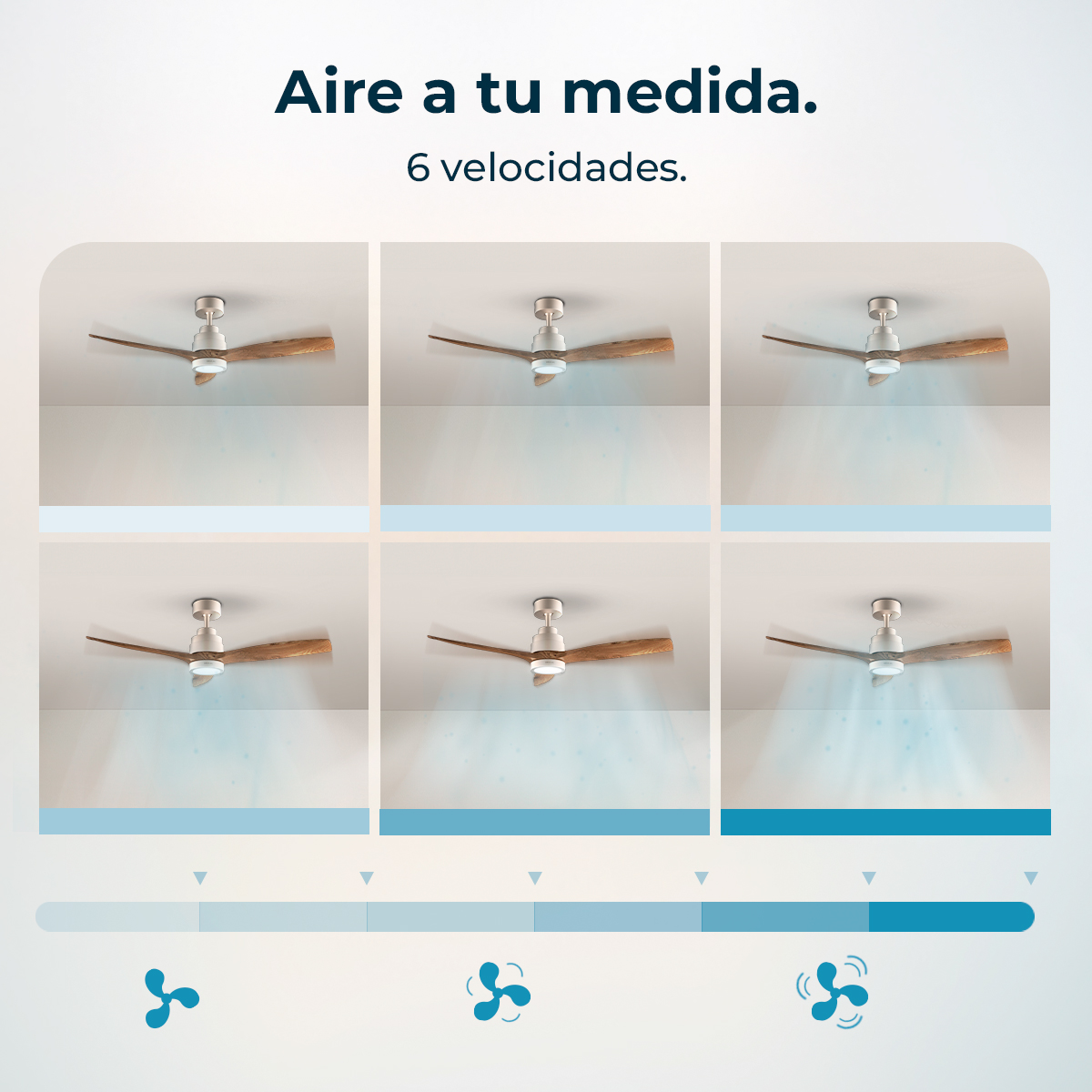 Image shows a ceiling fan with six speed settings. The fan's blades are wooden, and the speed indicator has blue icons.