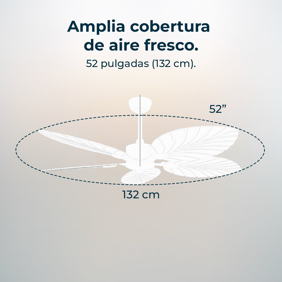 Das Bild zeigt einen Deckenventilator mit dem Text 'Amplia cobertura de aire fresco' und den Abmessungen 52 Zoll (132 cm).