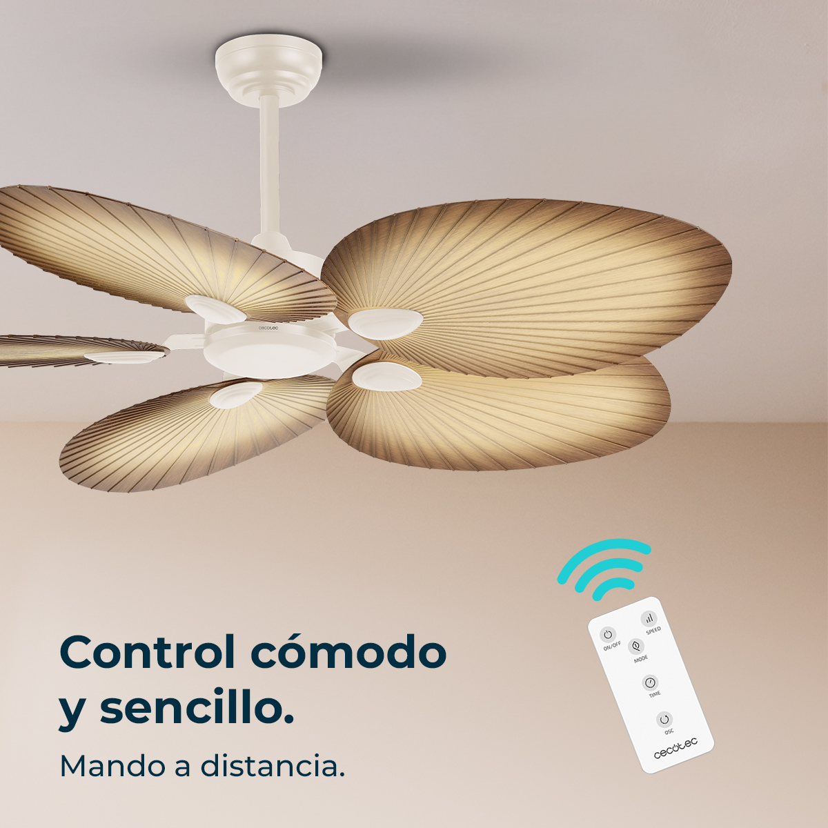 Ein weißer Deckenventilator mit braunen Blättern. Eine Fernbedienung rechts. Text auf Spanisch: Bequeme und einfache Steuerung.