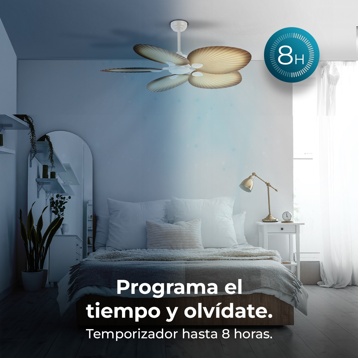 Schlafzimmer mit Deckenventilator. Bett mit Kissen und Decke. Text lautet: 'Programmieren Sie die Zeit und vergessen Sie'. Timer für 8 Stunden.