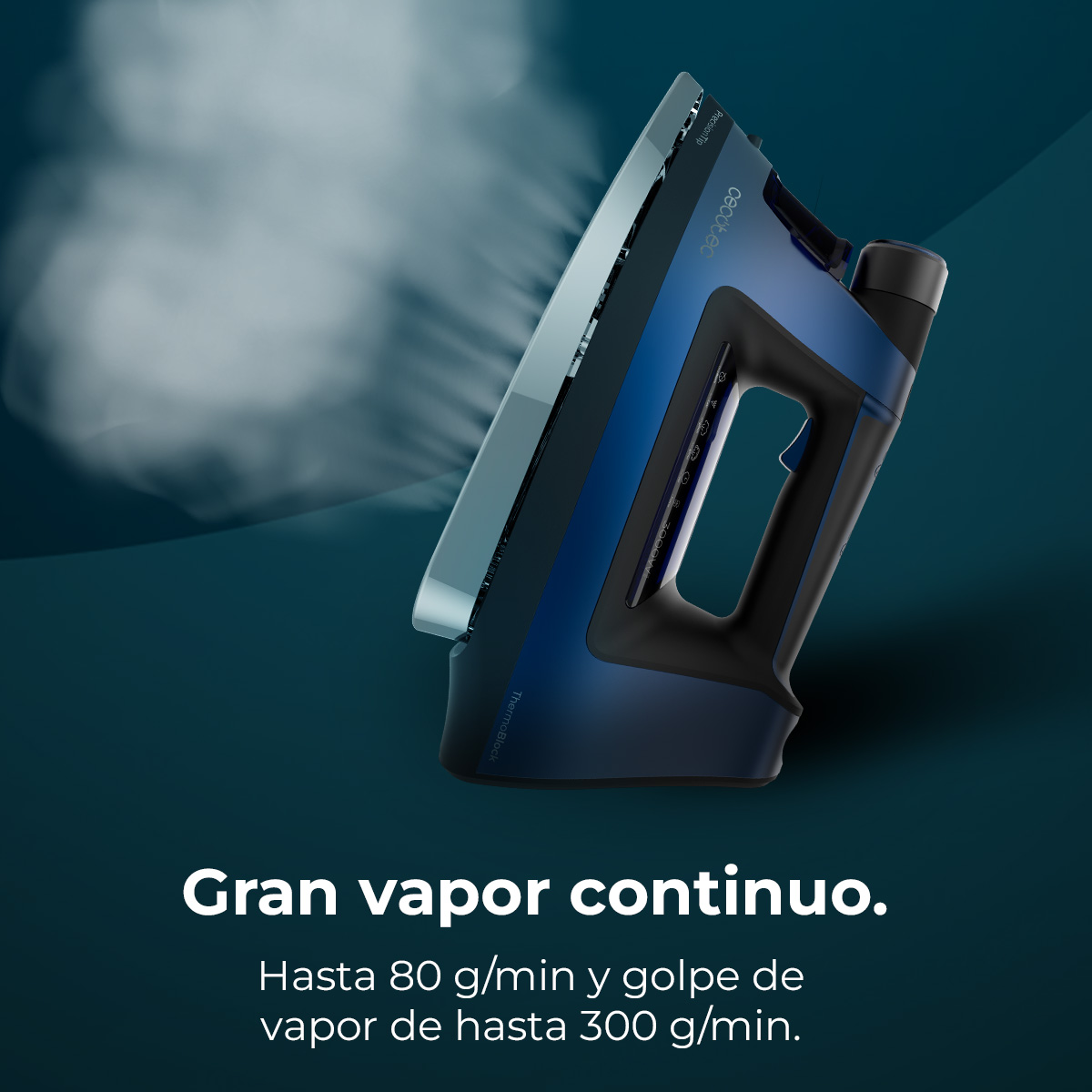 Niebiesko-czarne żelazko z parą. Tekst: 'Gran vapor continuo' i 'Hasta 80 g/min y golpe de vapor de hasta 300 g/min'.