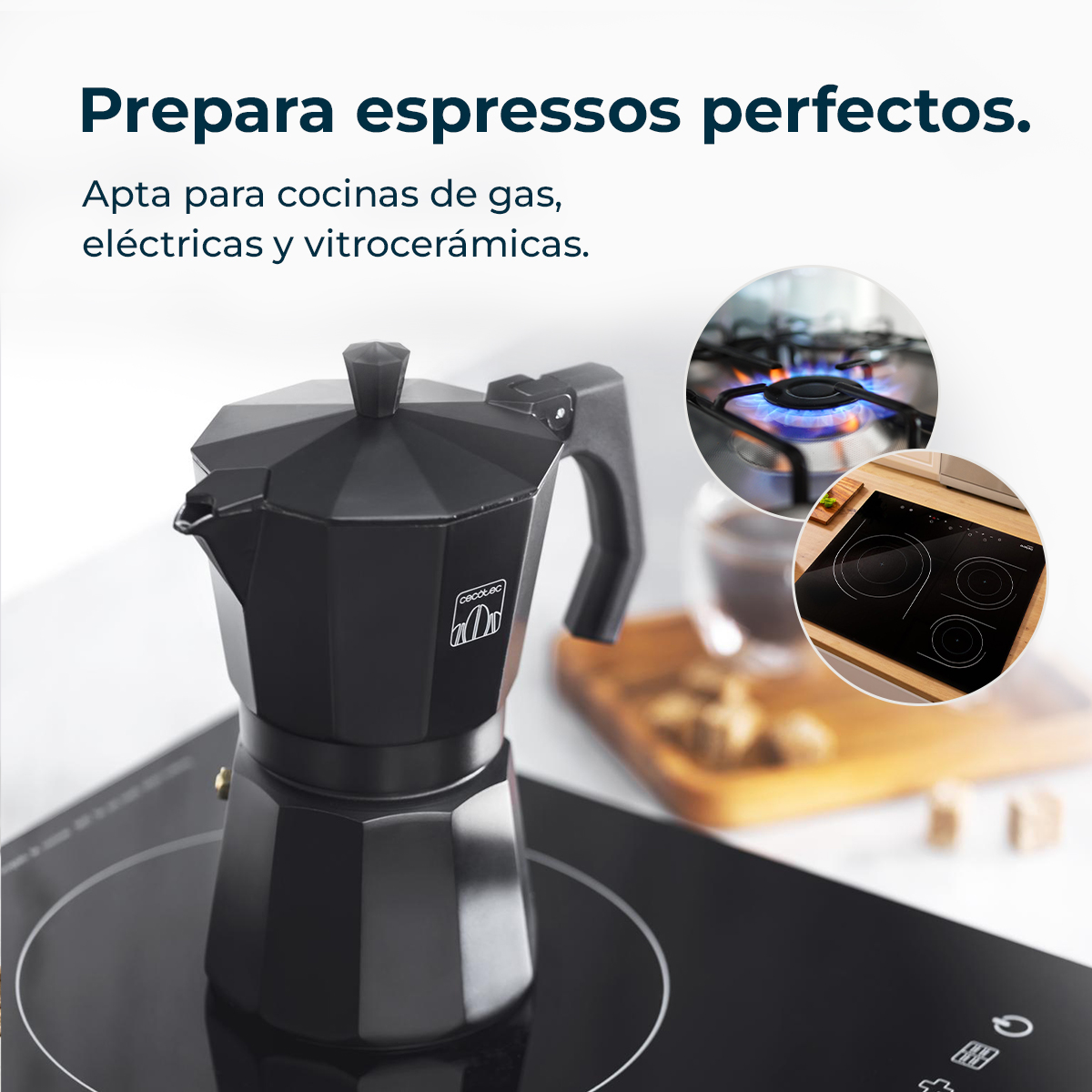 Czarny ekspres do kawy na czarnej płycie grzewczej. Wstawki pokazują kuchenkę gazową i elektryczną.