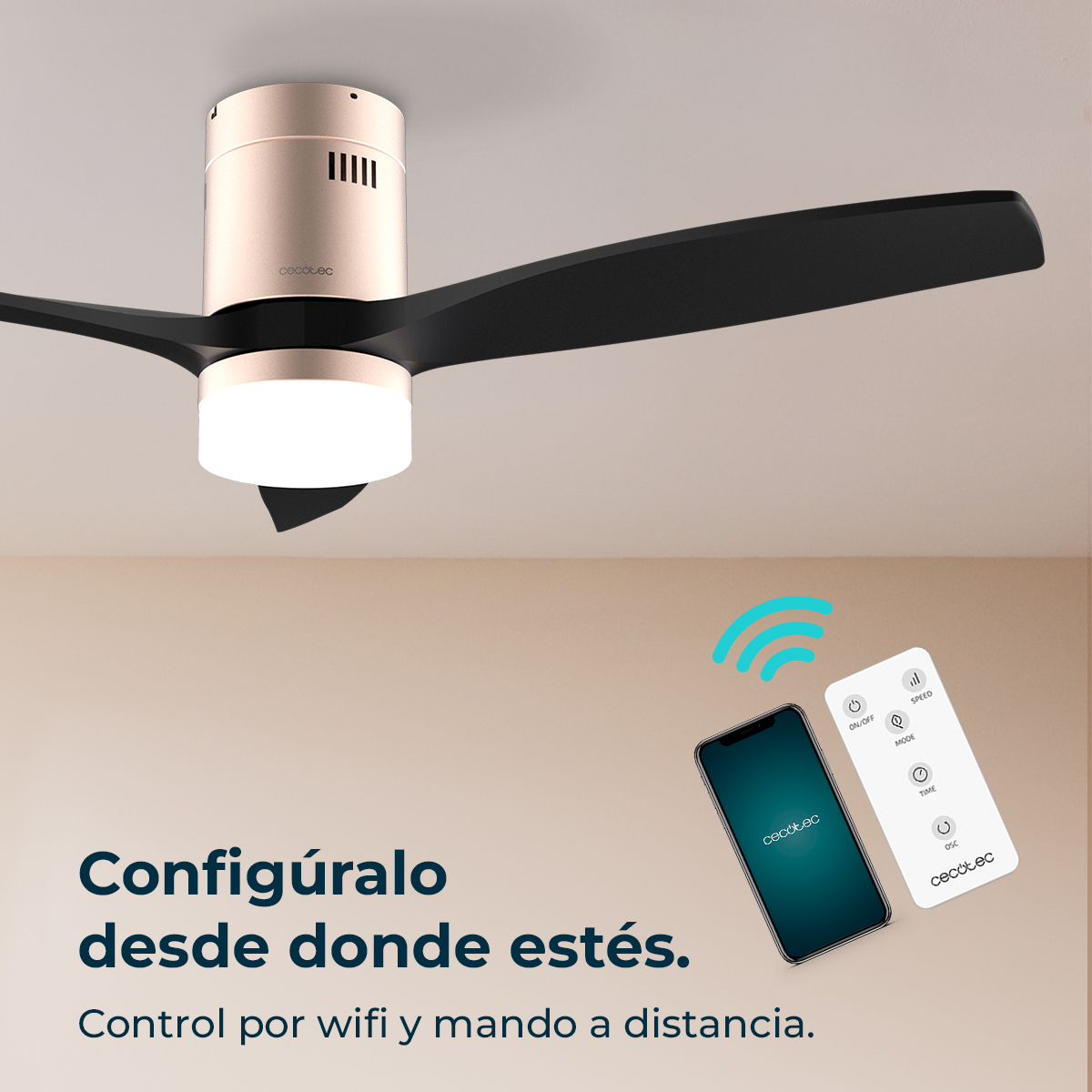 Un ventilatore a soffitto con pale nere e un telecomando, con uno smartphone con lo stesso logo del marchio.