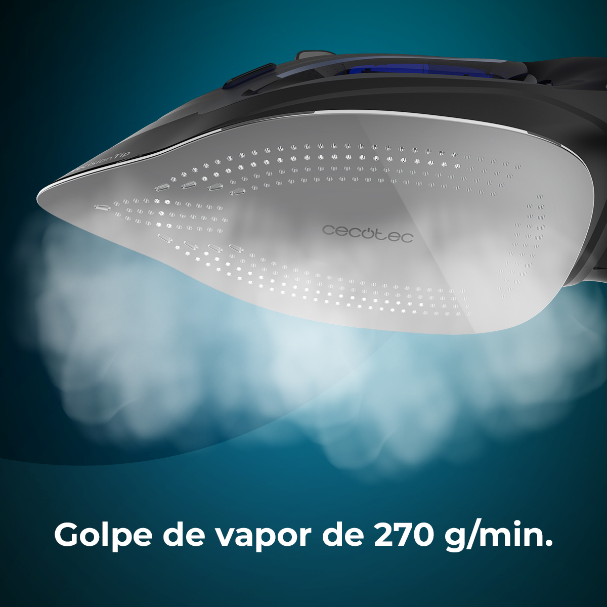 Nahaufnahme eines schwarzen und silbernen Bügeleisens, das dampft. Der Text darunter lautet: 'Golpe de vapor de 270 g/min.'