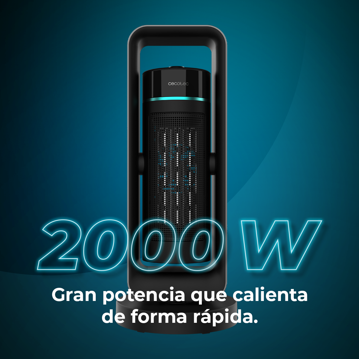 Un termoventilatore elettrico nero e blu con la scritta '2000 W' e una frase spagnola, il tutto su sfondo blu.