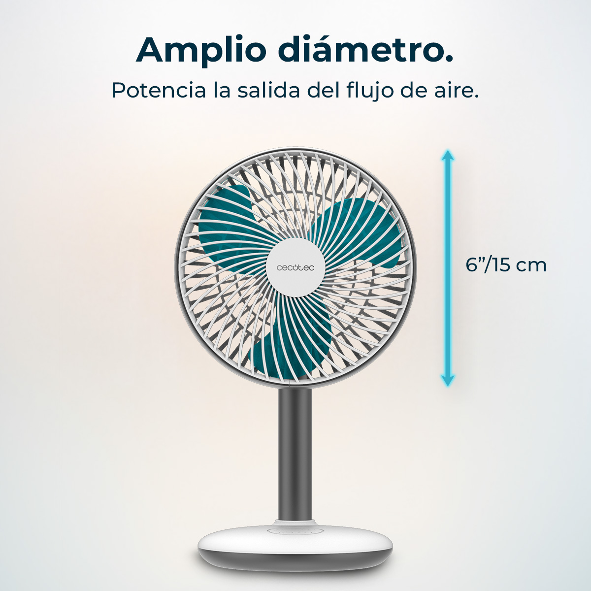 Un ventilador blanco y verde azulado con un soporte negro. El texto dice: "Amplio diametro. Potencia la salida del flujo de aire." Mide 6"/15 cm.