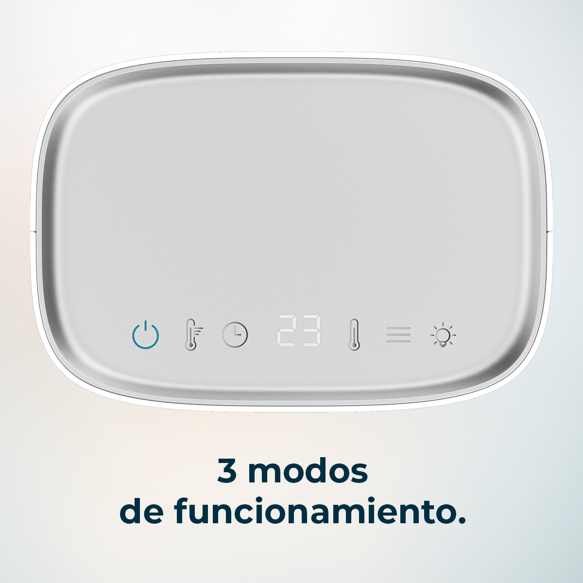Un pannello bianco con display digitale che mostra simboli e numeri. Il testo sottostante dice '3 modos de funcionamiento'.