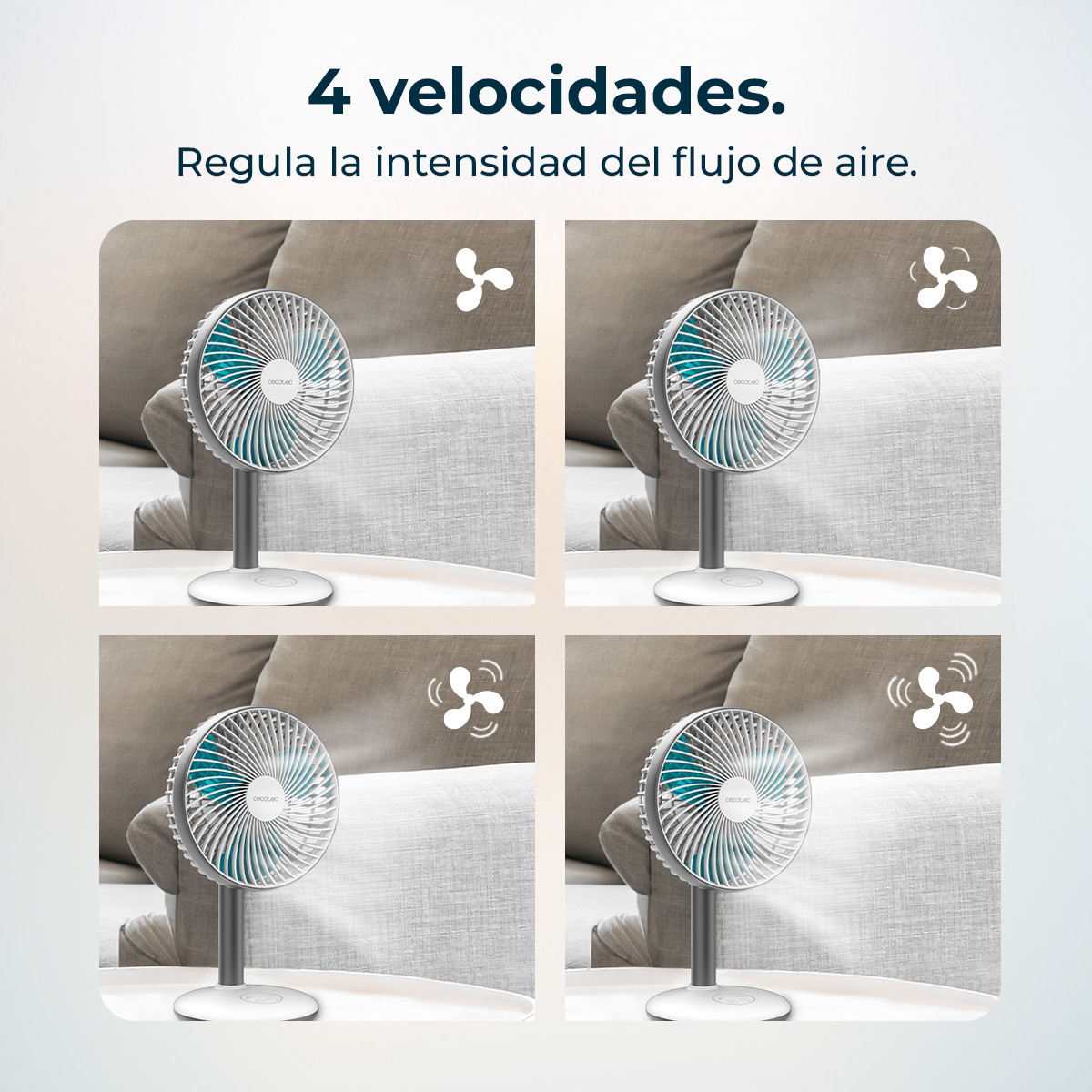 Se muestran cuatro ventiladores con diferentes velocidades. Cada ventilador es blanco y gris, con un centro azul. Están sobre una mesa blanca.