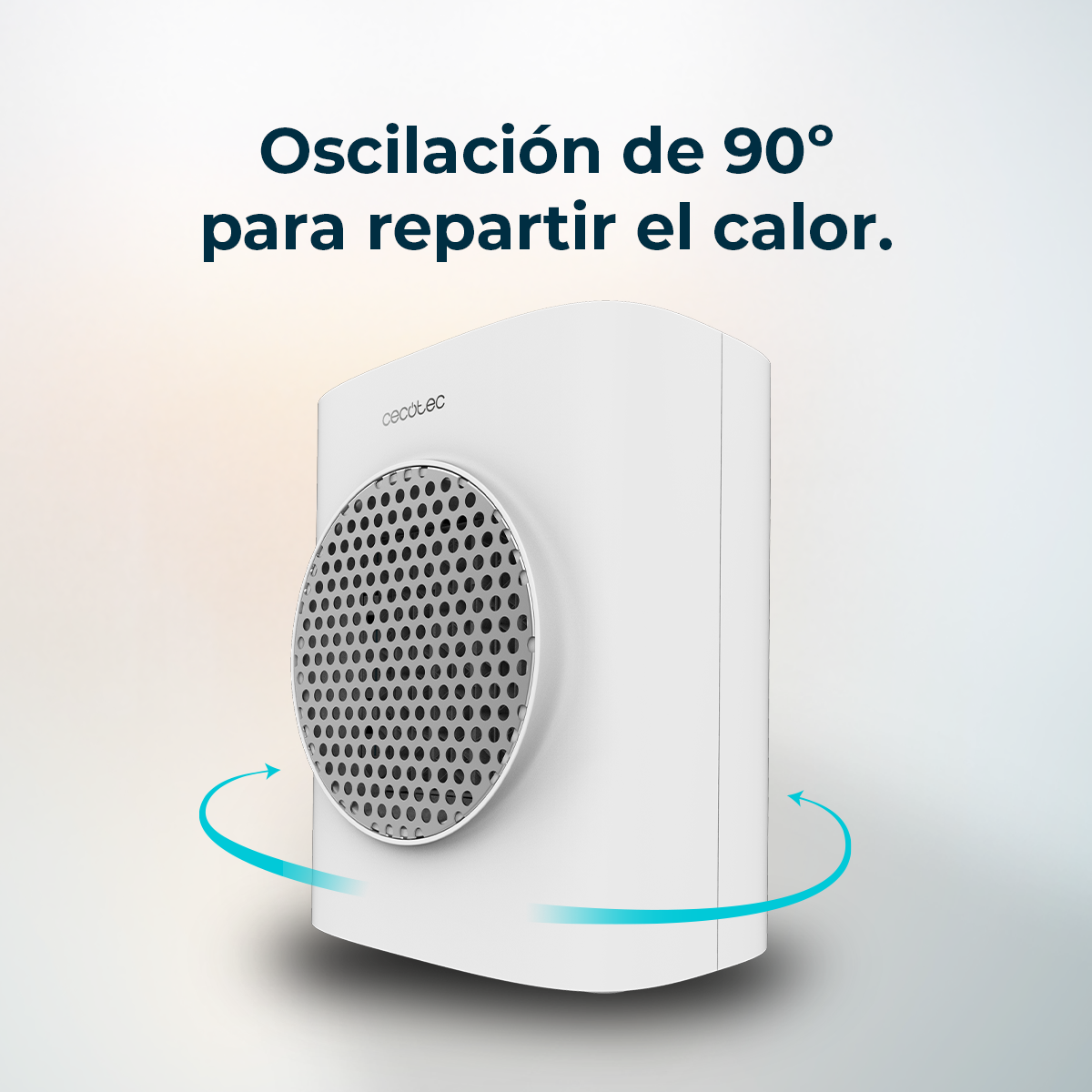 Riscaldatore bianco con griglia circolare e frecce blu che indicano un'oscillazione di 90 gradi. Testo: 'Oscilación de 90° para repartir el calor'.