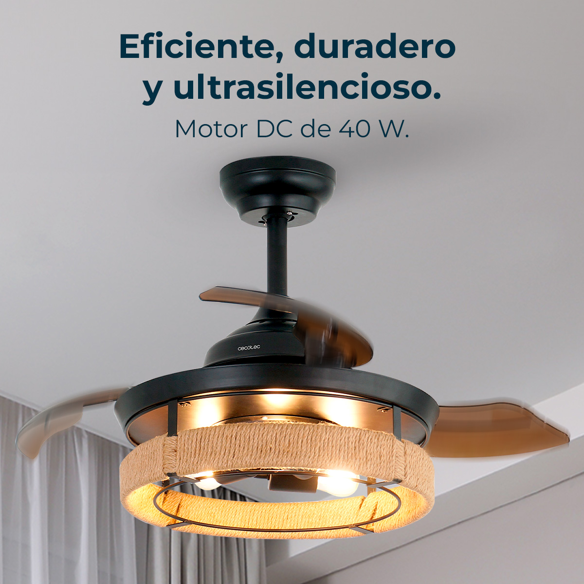 Un ventilatore da soffitto con pale marroni e un apparecchio di illuminazione avvolto in corda. Testo: Efficiente, durevole e ultra-silenzioso. Motore DC da 40 W.