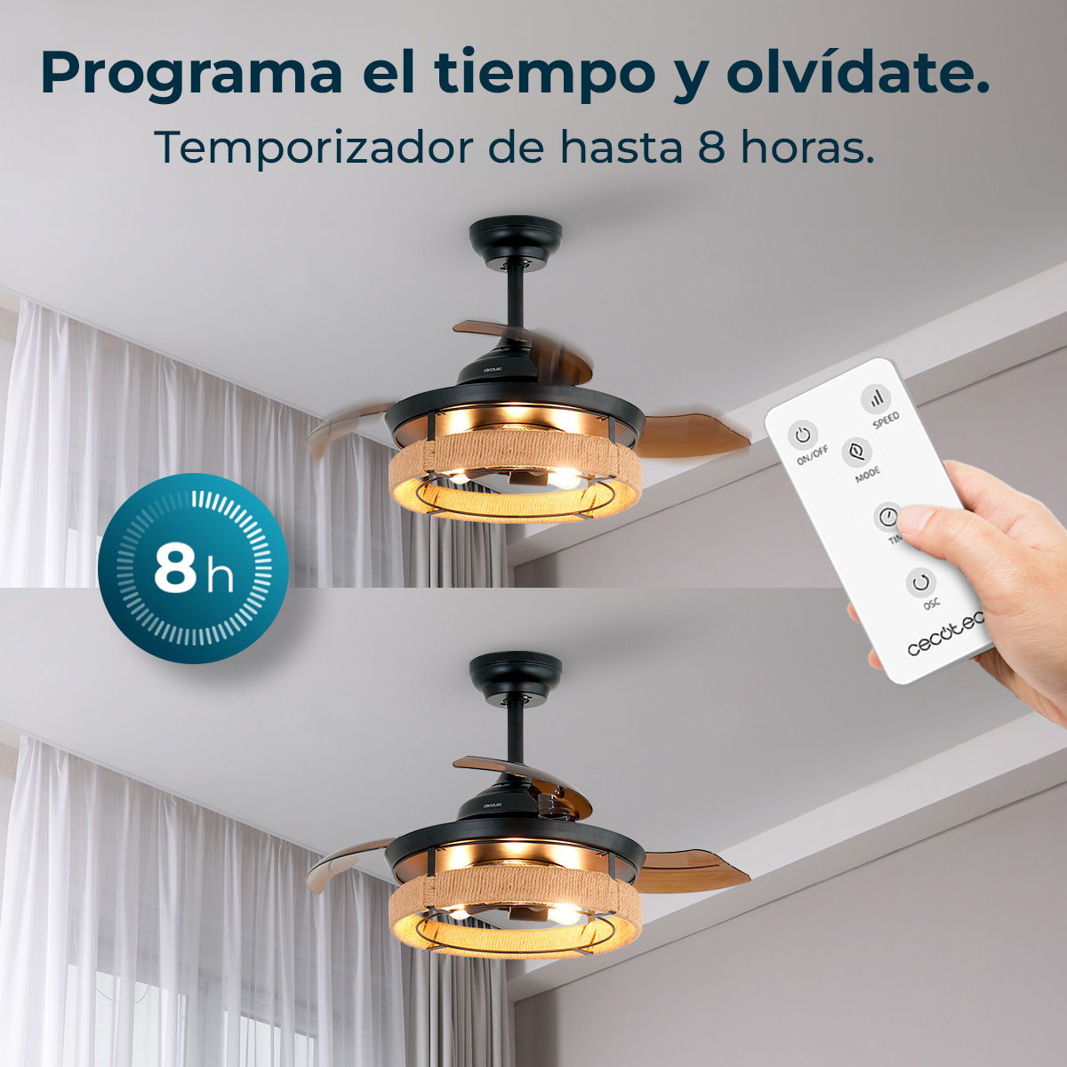 Un ventilatore a soffitto con telecomando, che mostra la funzione timer fino a 8 ore. Il ventilatore ha un rivestimento a forma di corda.