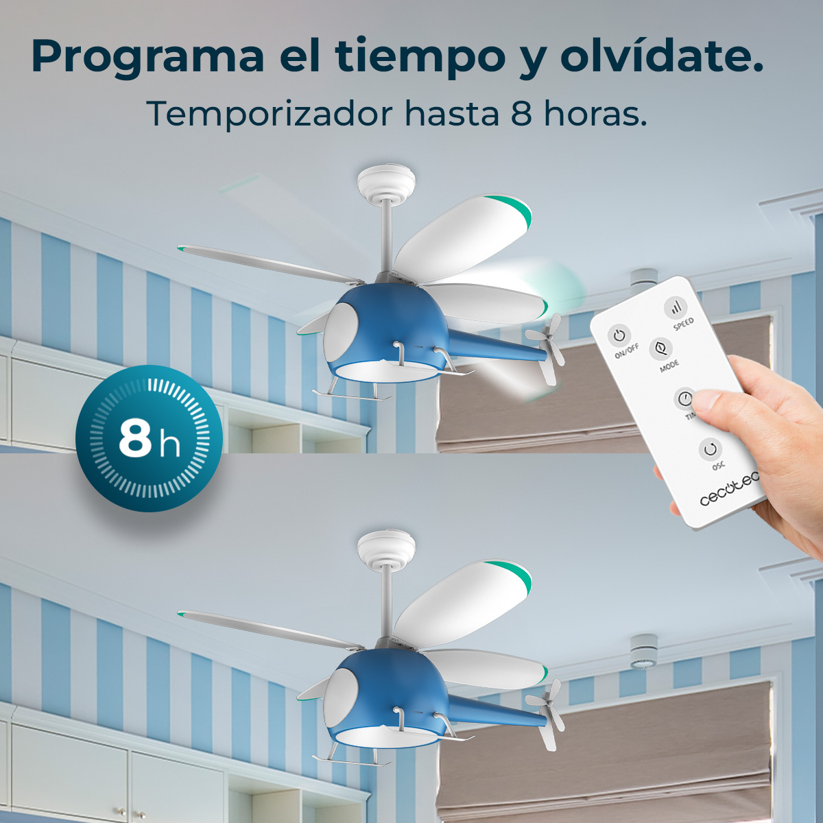 Ventilatore a soffitto blu e bianco a forma di elicottero. Una mano tiene un telecomando. Testo: '8h' e 'Programma il tempo'.