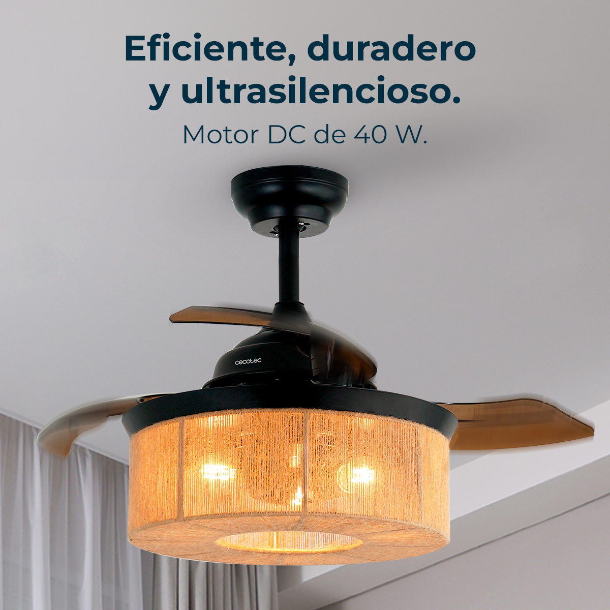 Ventilador de techo con lámpara. Aspas negras y marrones, pantalla de tela con luces. Texto en español: Eficiente, duradero y silencioso.