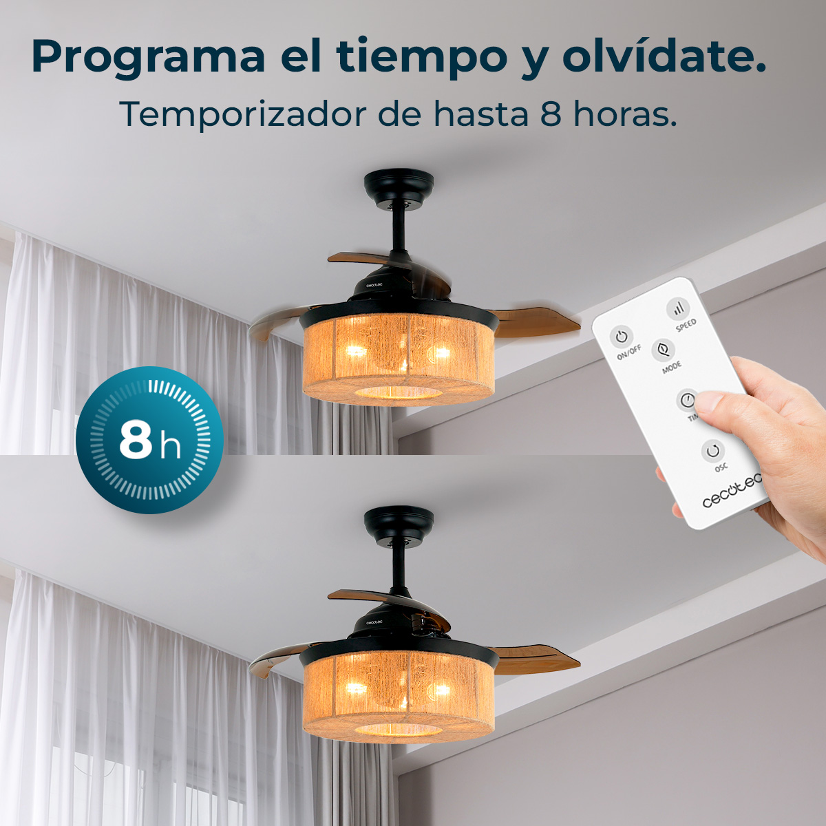 Ventilador de techo con luz. Una mano sostiene un mando a distancia. Texto dice 'Programa el tiempo y olvídate'. El ventilador tiene temporizador 8h.