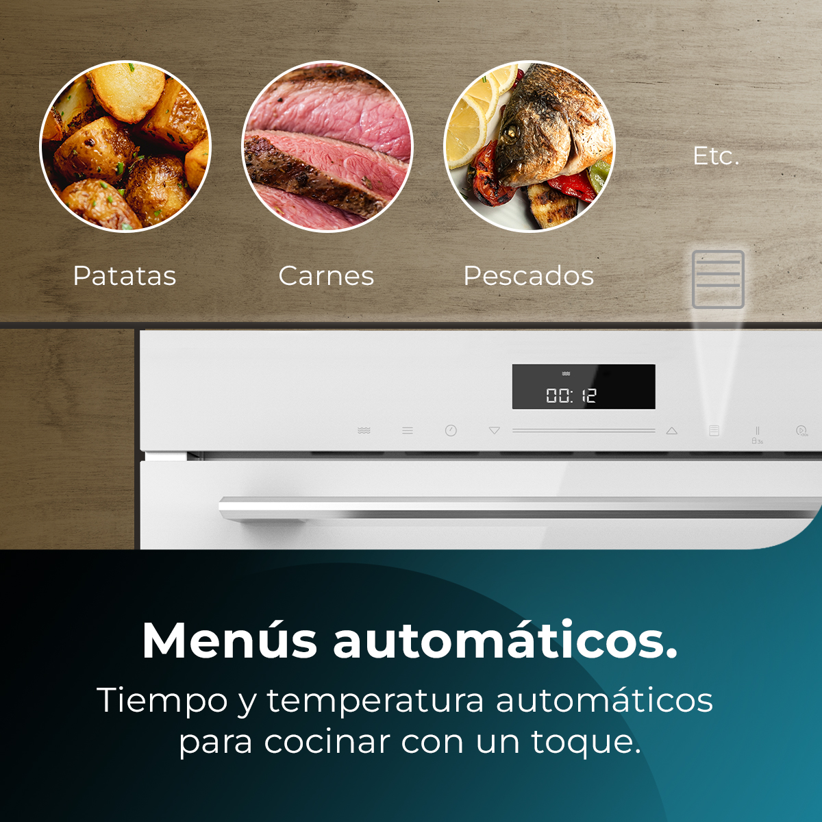 Obraz przedstawia gotowane ziemniaki, stek i rybę. Biały piekarnik z cyfrowym wyświetlaczem pokazuje 00:12. Tekst brzmi: Automatyczne menu.