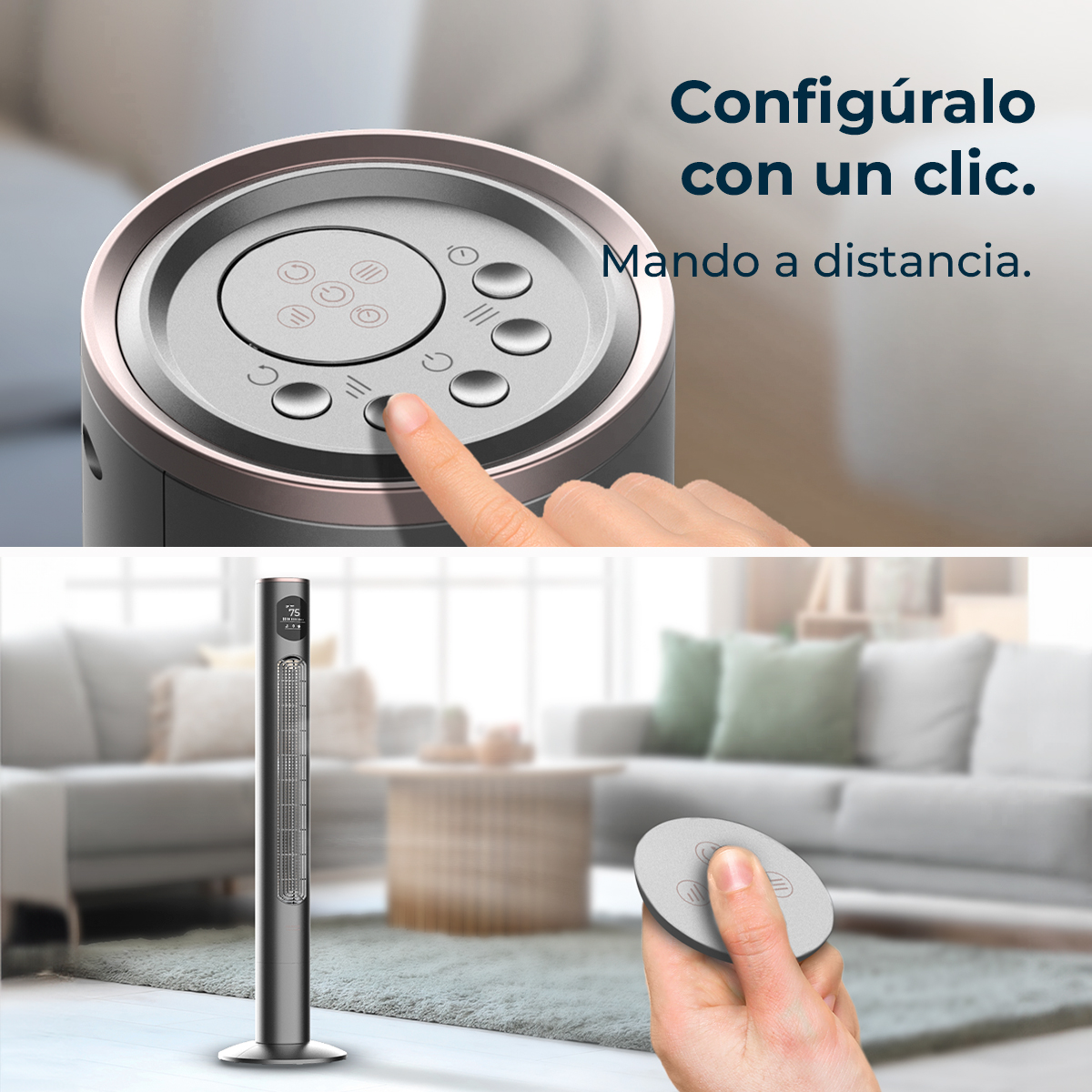 Una mano presiona un botón en el panel de control de un ventilador. Debajo, se muestran un ventilador alto y un control remoto.