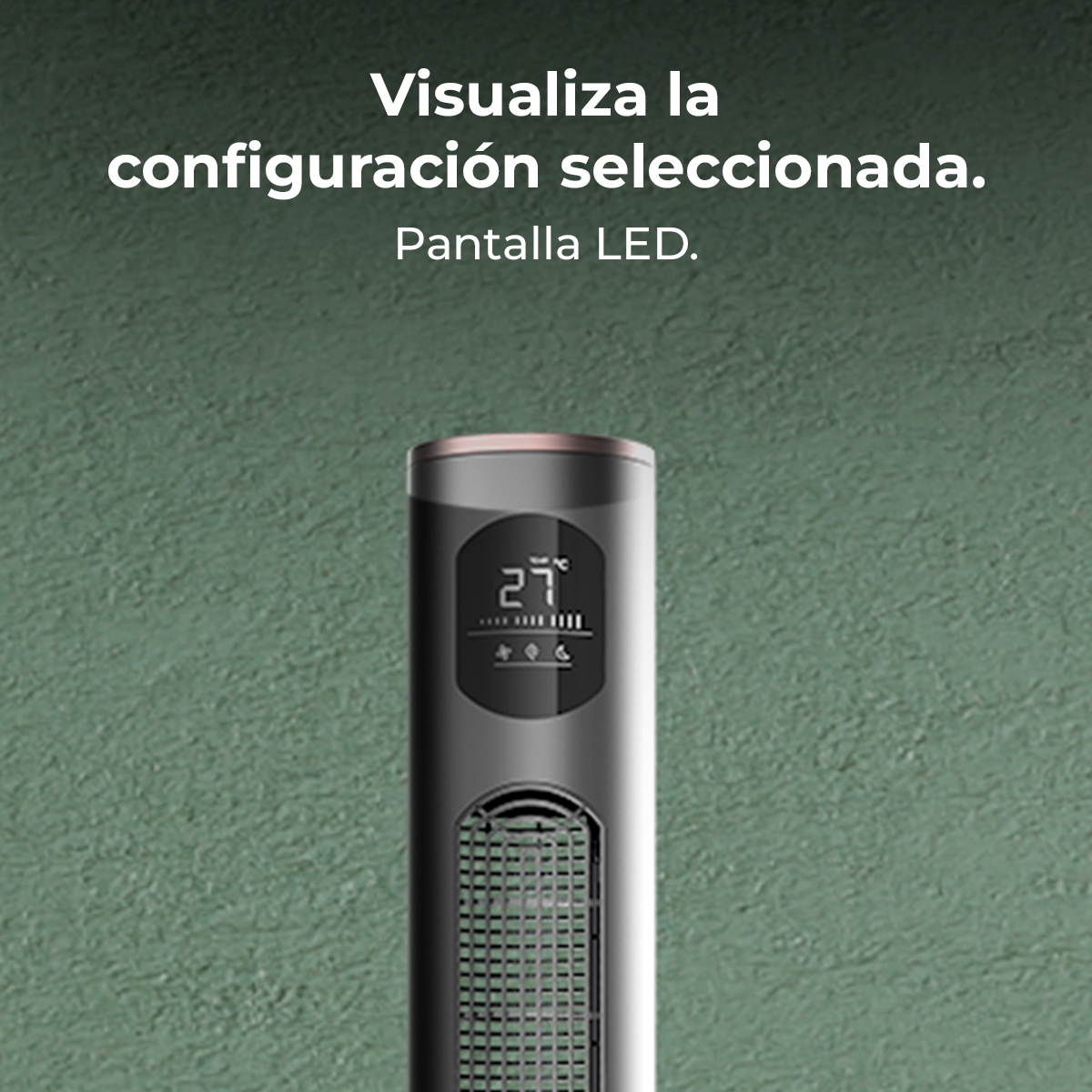 Un ventilador moderno con una pantalla digital que muestra 27 grados. El ventilador es gris y tiene una rejilla negra.