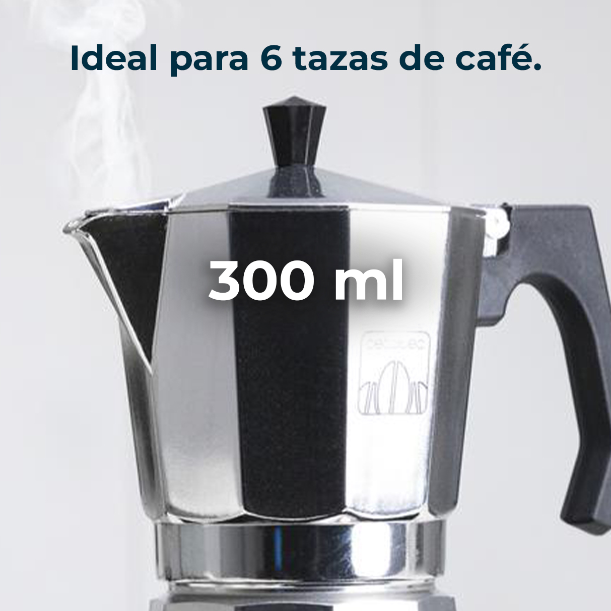 Ein silberner und schwarzer Kaffeebereiter mit aufsteigendem Dampf. Text sagt '300 ml' und 'Ideal para 6 tazas de café'.