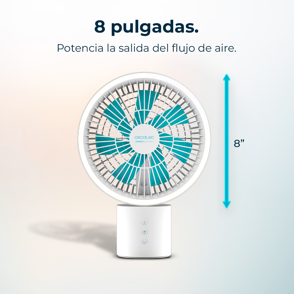 Un ventilador blanco y verde azulado. Tiene un marco circular y aspas verde azulado. La base es blanca con tres botones. Se muestra una flecha de 8 pulgadas.