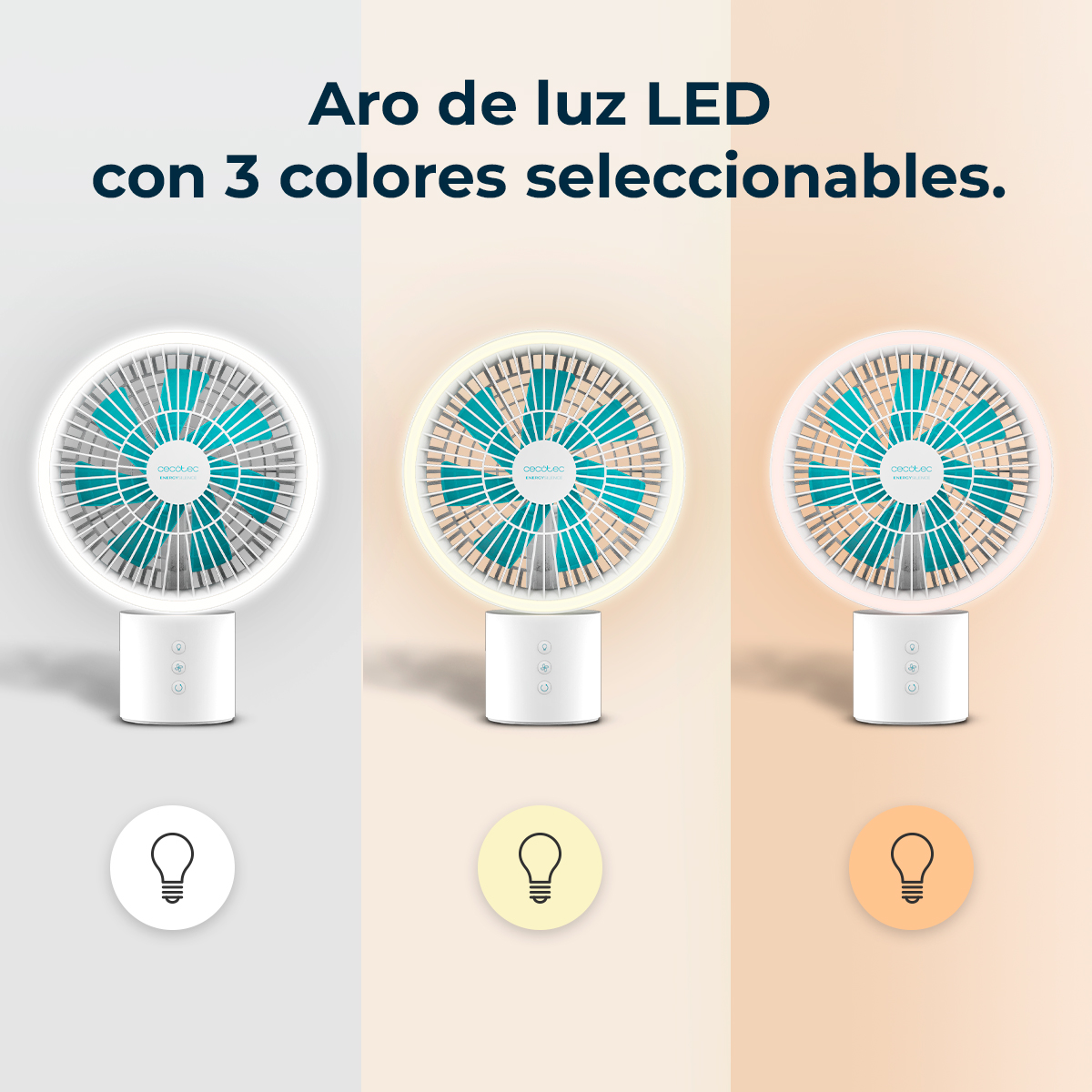 Tres anillos de luz LED con diferentes colores. Cada uno tiene un ventilador, una base blanca y un icono de bombilla debajo.