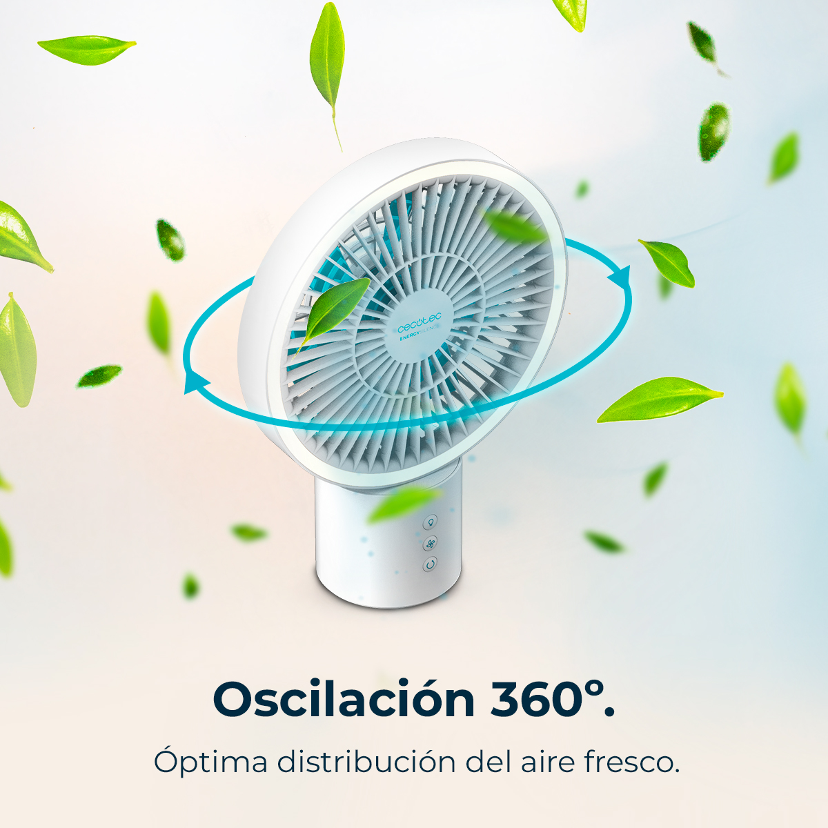 Se muestra un ventilador blanco con oscilación de 360 grados. Hojas verdes flotan alrededor. Texto: Oscilación 360°. Óptima distribución del aire fresco.