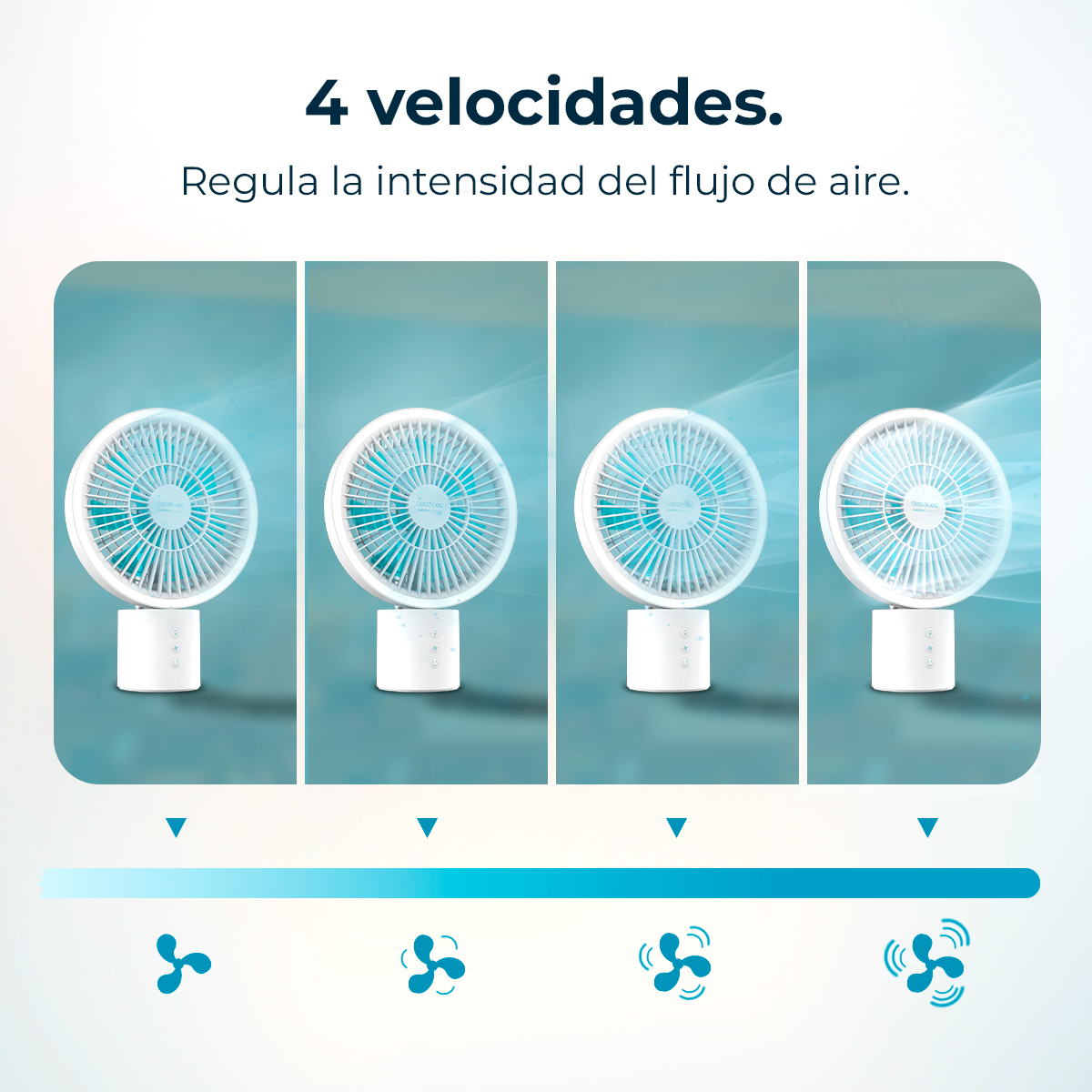 La imagen muestra un ventilador con 4 configuraciones de velocidad. Cada ajuste muestra un nivel diferente de flujo de aire. Hay colores azules y blancos.