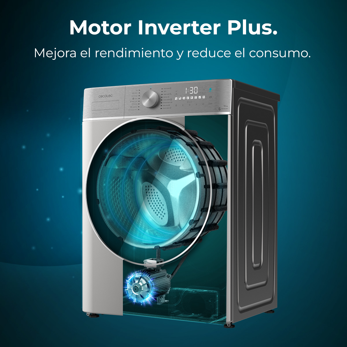 Un'illustrazione di una lavatrice che mostra i componenti interni. L'immagine ha un testo in alto: Motor Inverter Plus.