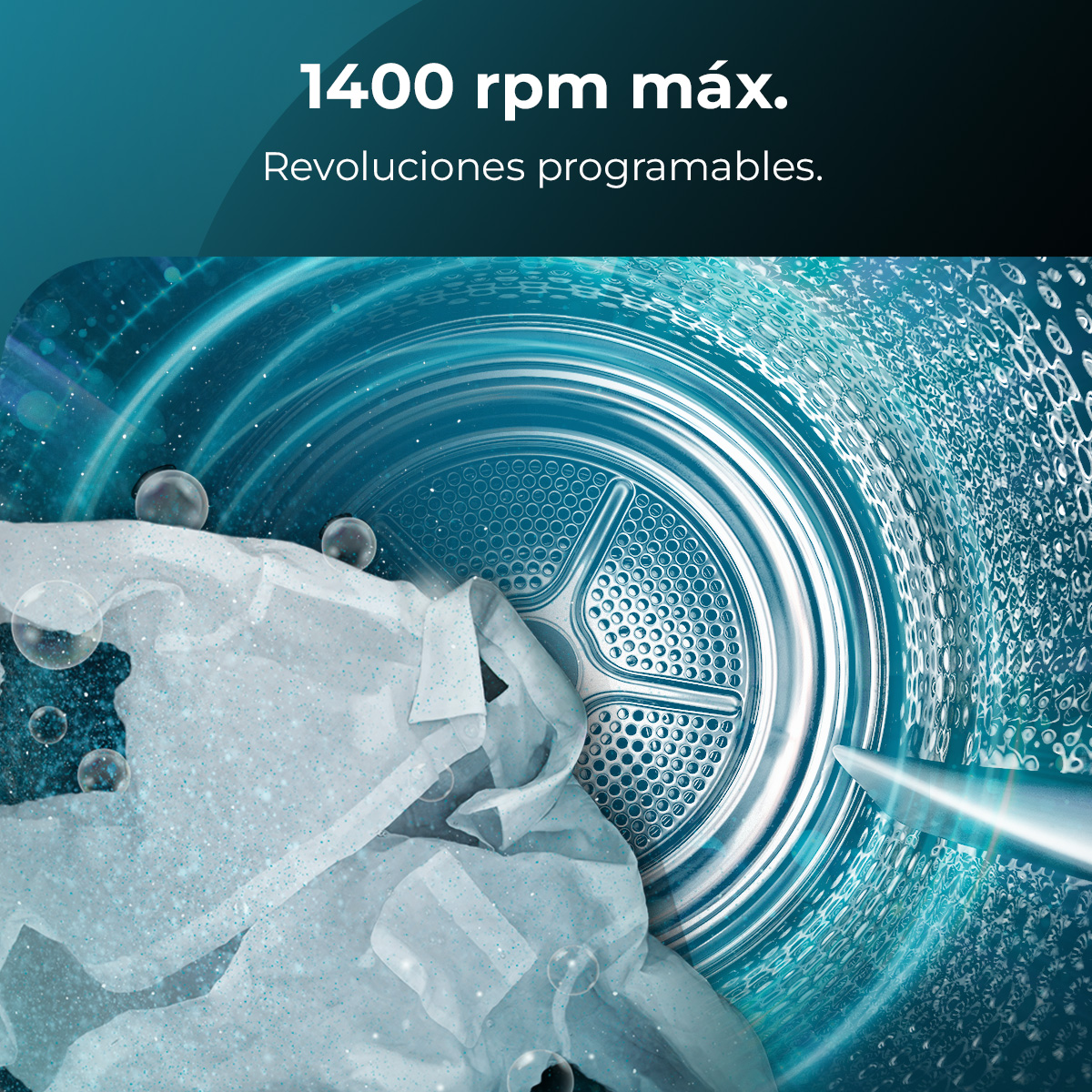 Un cestello della lavatrice con una camicia bianca e bolle. Il testo dice 1400 rpm max. e Revoluciones programables.