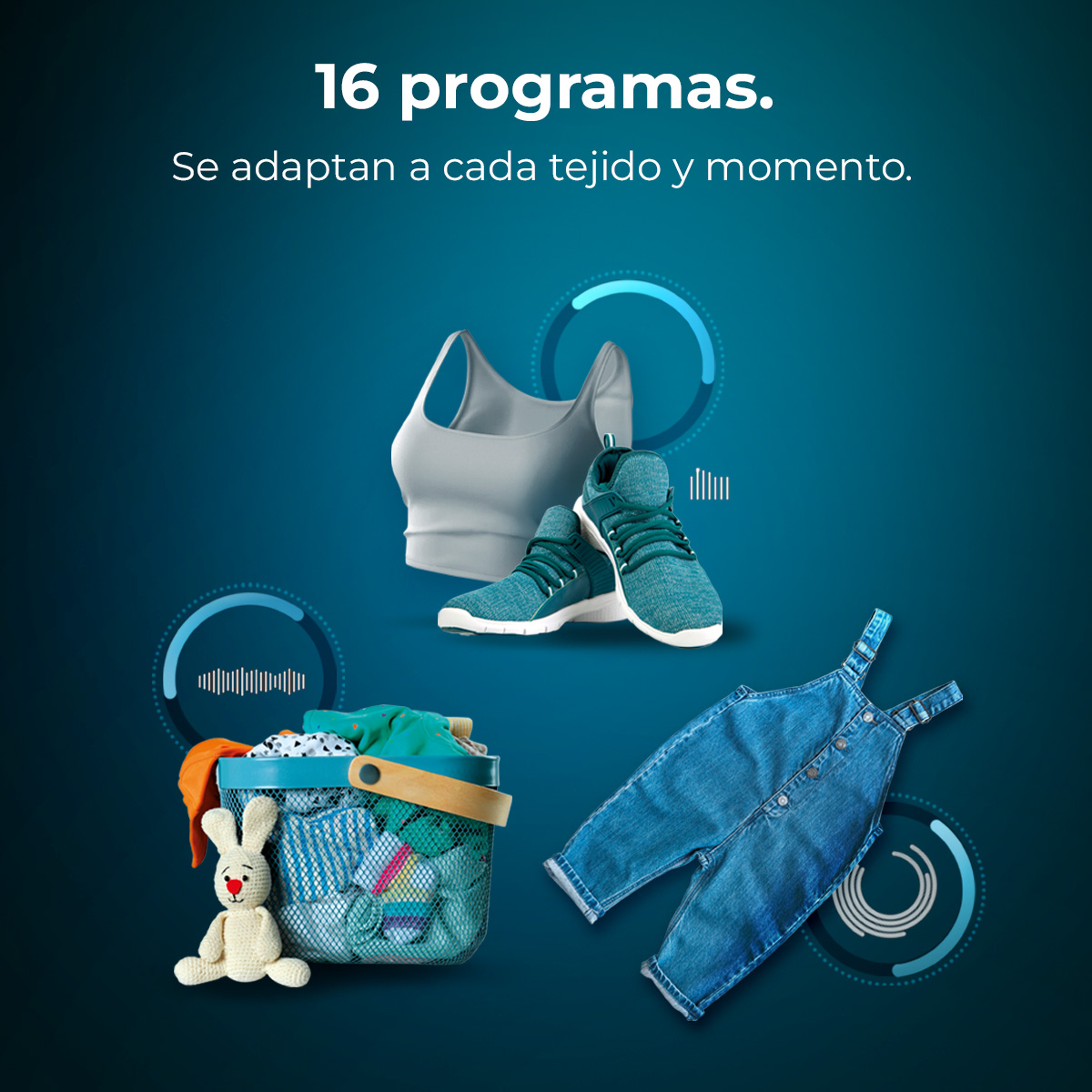 L'immagine mostra un reggiseno sportivo grigio, scarpe da ginnastica verde acqua, una salopette di jeans e un cestello per il bucato. Il testo dice '16 programmi'.