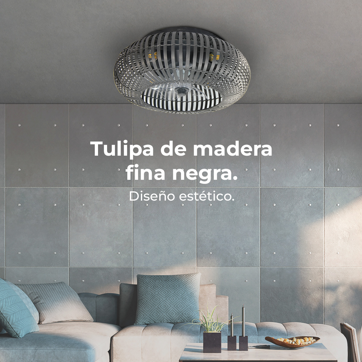 Een moderne woonkamer met een zwarte houten lamp, grijze bank en betonnen muur. De tekst zegt 'Tulipa de madera fina negra' en 'Diseño estético'.