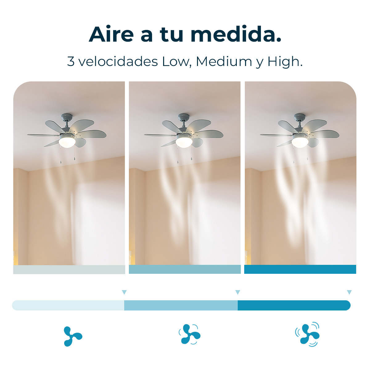 Imagen muestra un ventilador de techo a baja, media y alta velocidad, con texto en español que promociona las velocidades ajustables.