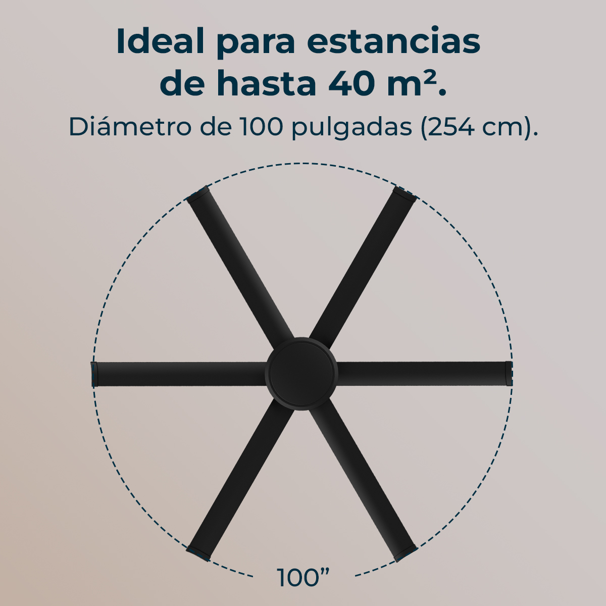 Un ventilador de techo negro con seis aspas está centrado sobre un fondo beige claro. El texto indica un diámetro de 100 pulgadas.