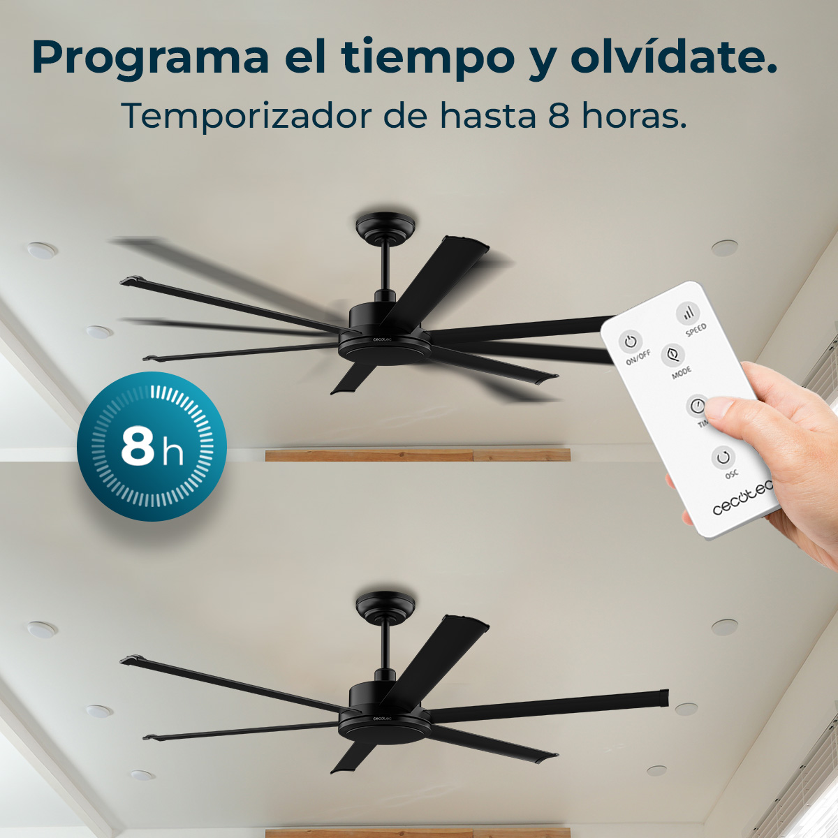 Dos ventiladores de techo negros, un mando a distancia y un icono de temporizador. El texto menciona un temporizador de hasta 8 horas.