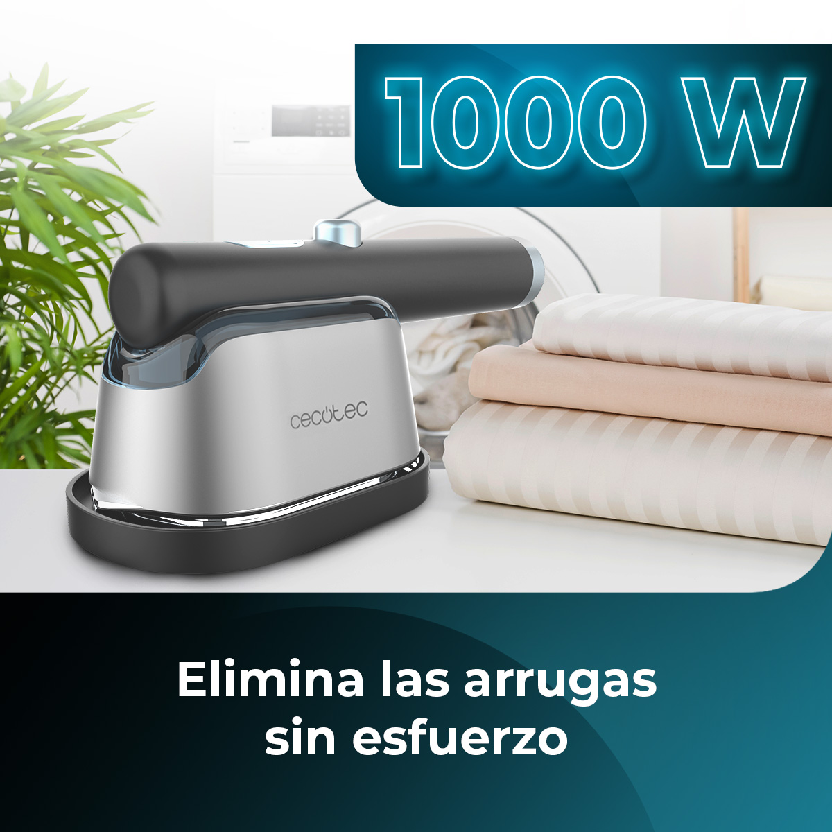 Uno steamer argento e nero con lenzuola impilate. Il testo dice 'Elimina las arrugas sin esfuerzo' e '1000 W'.