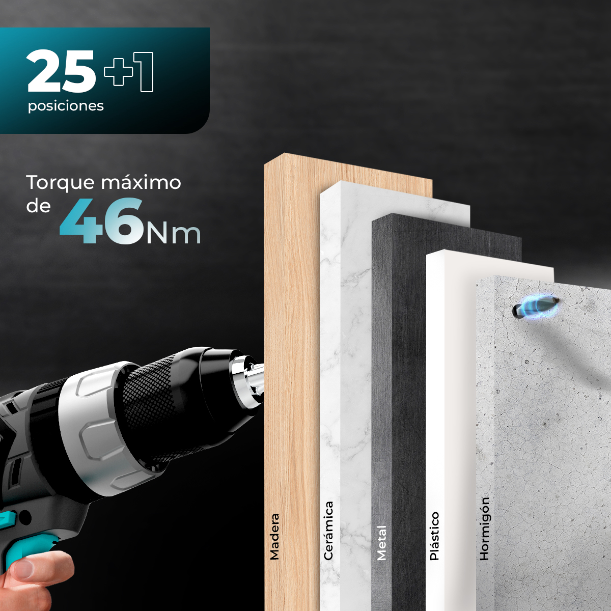 Wiertło wierci w warstwach materiałów: drewnie, ceramice, metalu, plastiku i betonie. Tekst wskazuje moc i pozycje.