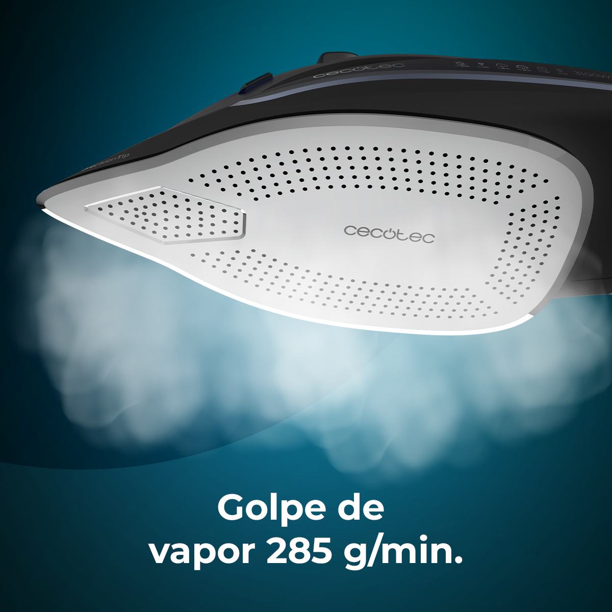 Zbliżenie czarno-białego żelazka z parą. Tekst brzmi: Golpe de vapor 285 g/min.
