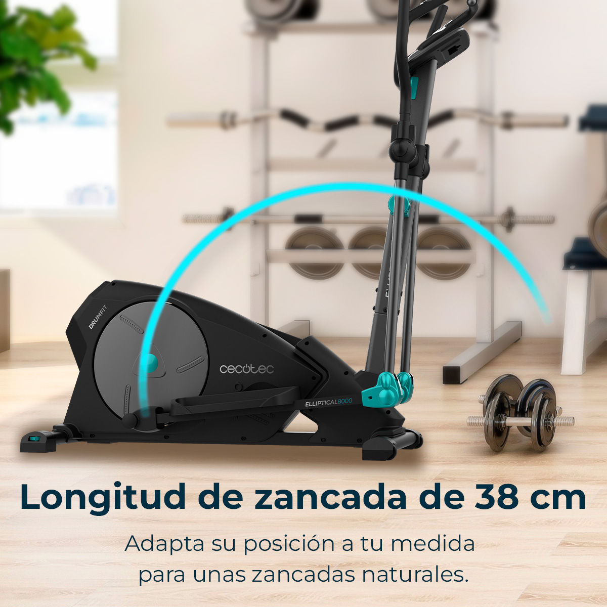 Una elíptica con resaltado azul, en un gimnasio. Texto: Longitud de zancada de 38 cm. Adapta tu posición para zancadas naturales.