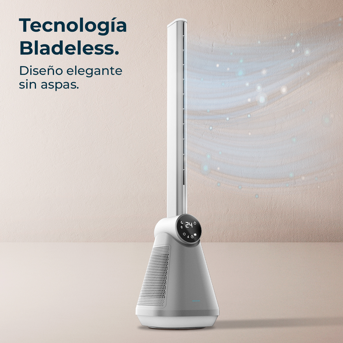 Ein blattloser Ventilator. Er ist weiß und grau mit Digitalanzeige. Der Hintergrund ist eine beige Wand und blauer Luft.