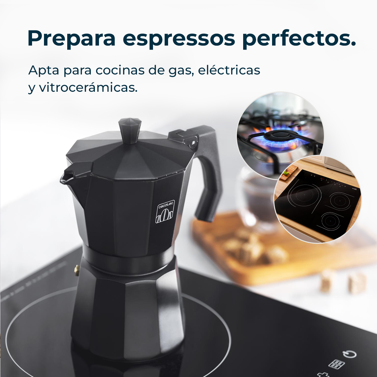 Una cafetera espresso negra sobre una estufa negra. Inserciones muestran encimeras de gas y eléctricas. Texto: Prepara espressos perfectos.