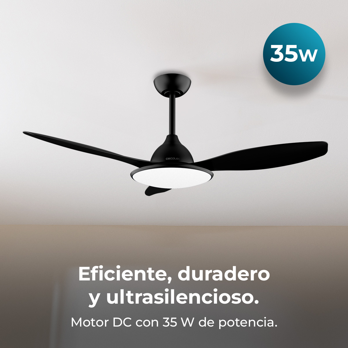 Un ventilador de techo negro con tres aspas y luz. Un círculo azul con 35w. El texto dice eficiente, duradero y ultrasilencioso.