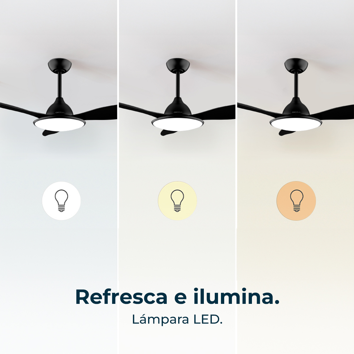 Tres ventiladores de techo con luces, cada uno con un esquema de color diferente. Texto: Refresca e ilumina. Lámpara LED.