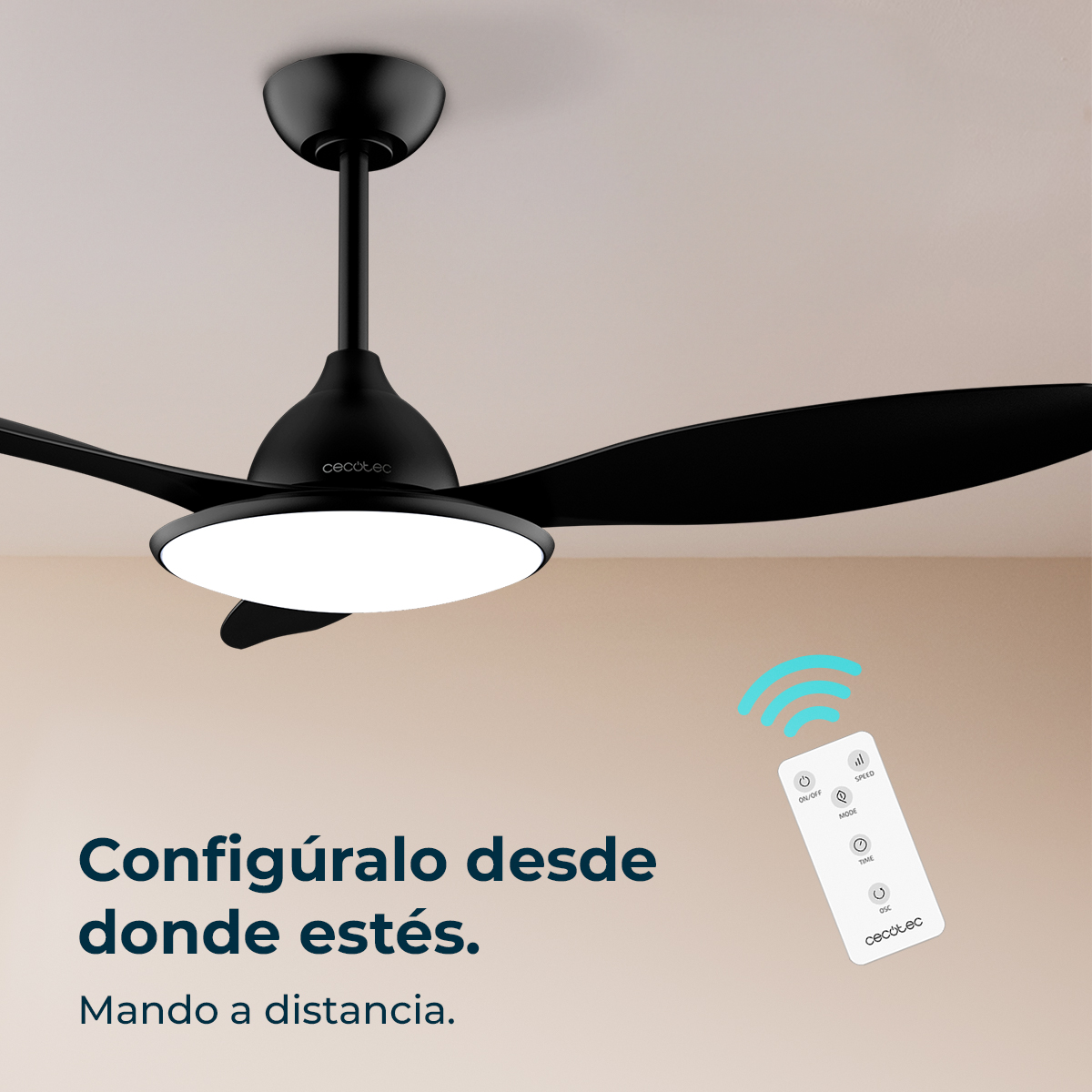 Ventilador de techo negro con luz, mando a distancia y texto en español. Las aspas son curvas. El mando muestra encendido/apagado, velocidad, modo, tiempo y oscilación.