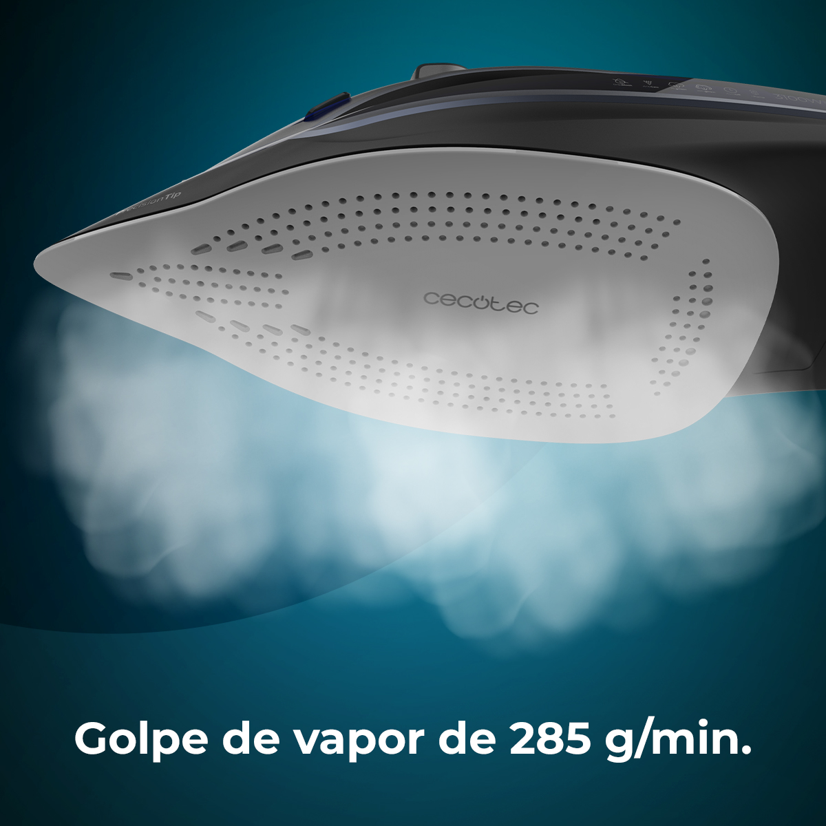 Zbliżenie czarnego i szarego żelazka z parą. Żelazko ma markę 'Cecotec' i tekst 'Golpe de vapor de 285 g/min.'