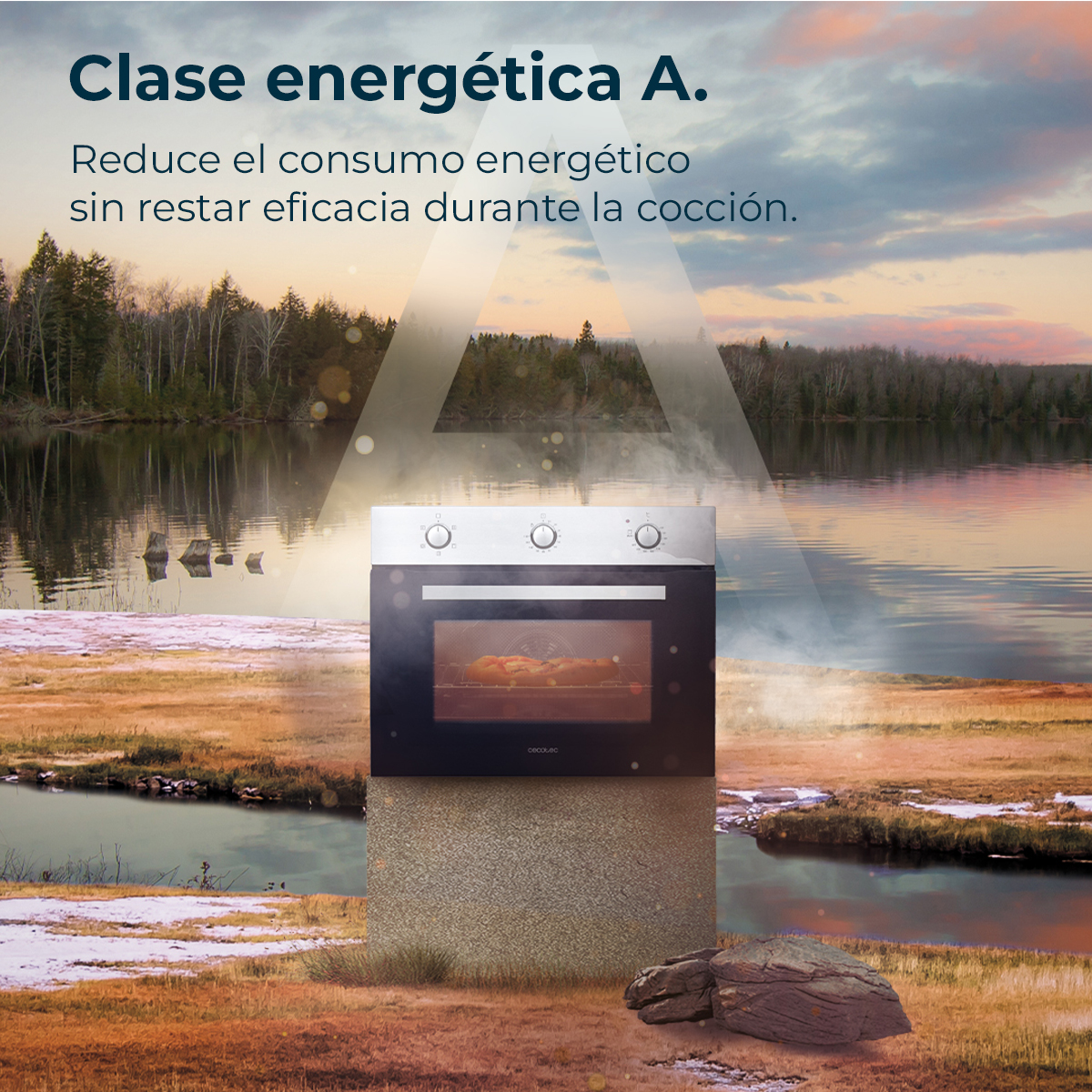 Un forno con cibo all'interno è posto di fronte a un lago e una foresta. Il cielo è arancione e blu. Il testo è visualizzato sopra il forno.