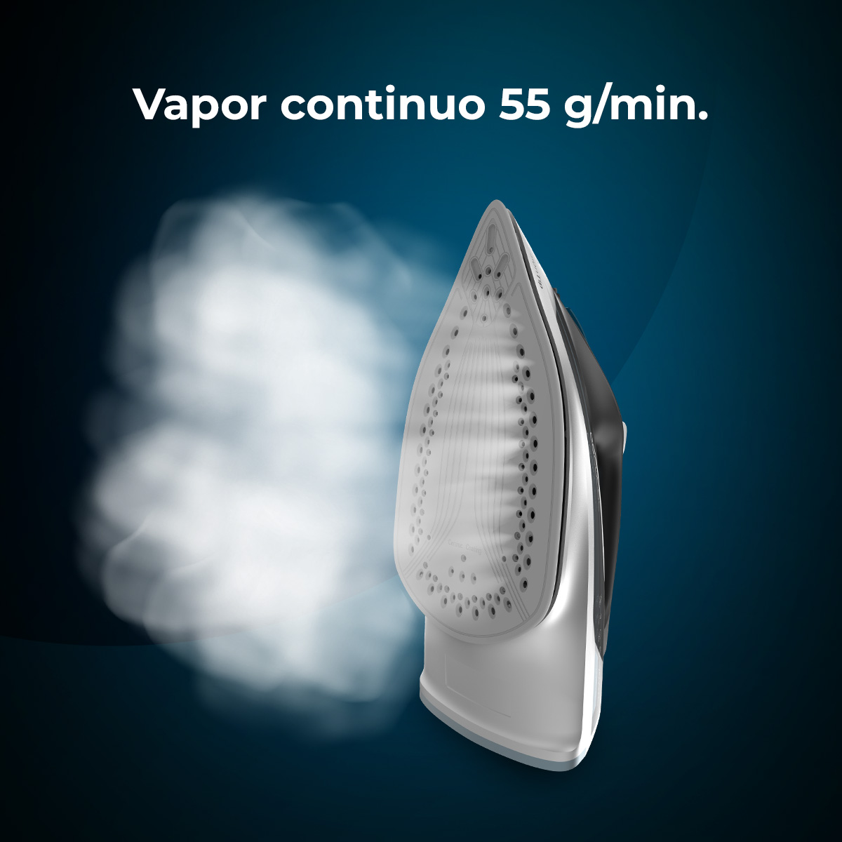 A white and black iron with steam coming out, against a dark blue background. Text says: Vapor continuo 55 g/min.