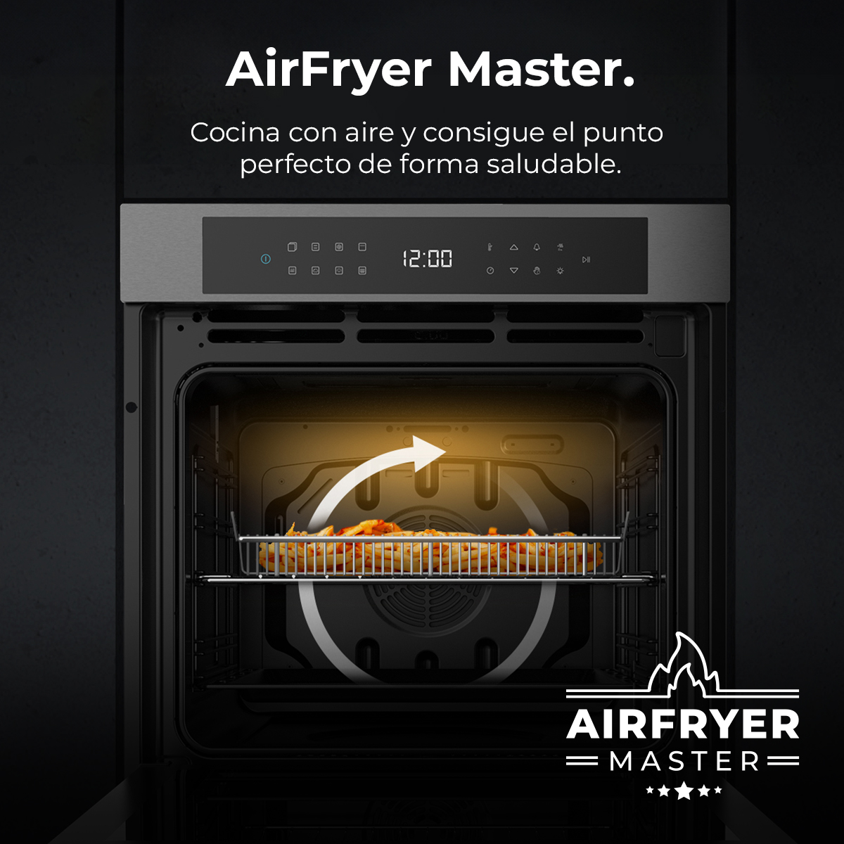 Un horno freidora con comida dentro. Una flecha blanca muestra la circulación del aire. El horno tiene una pantalla digital y el texto 'AirFryer Master'.
