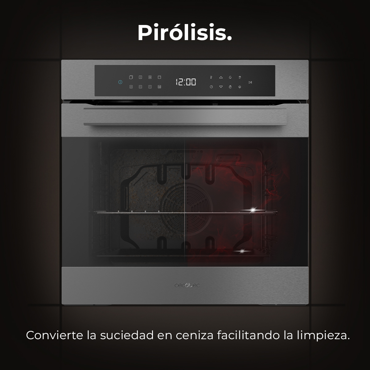 Horno con puerta de vidrio, mostrando un interior sucio en un lado y limpio en el otro, con controles y la palabra 'Pirólisis'.