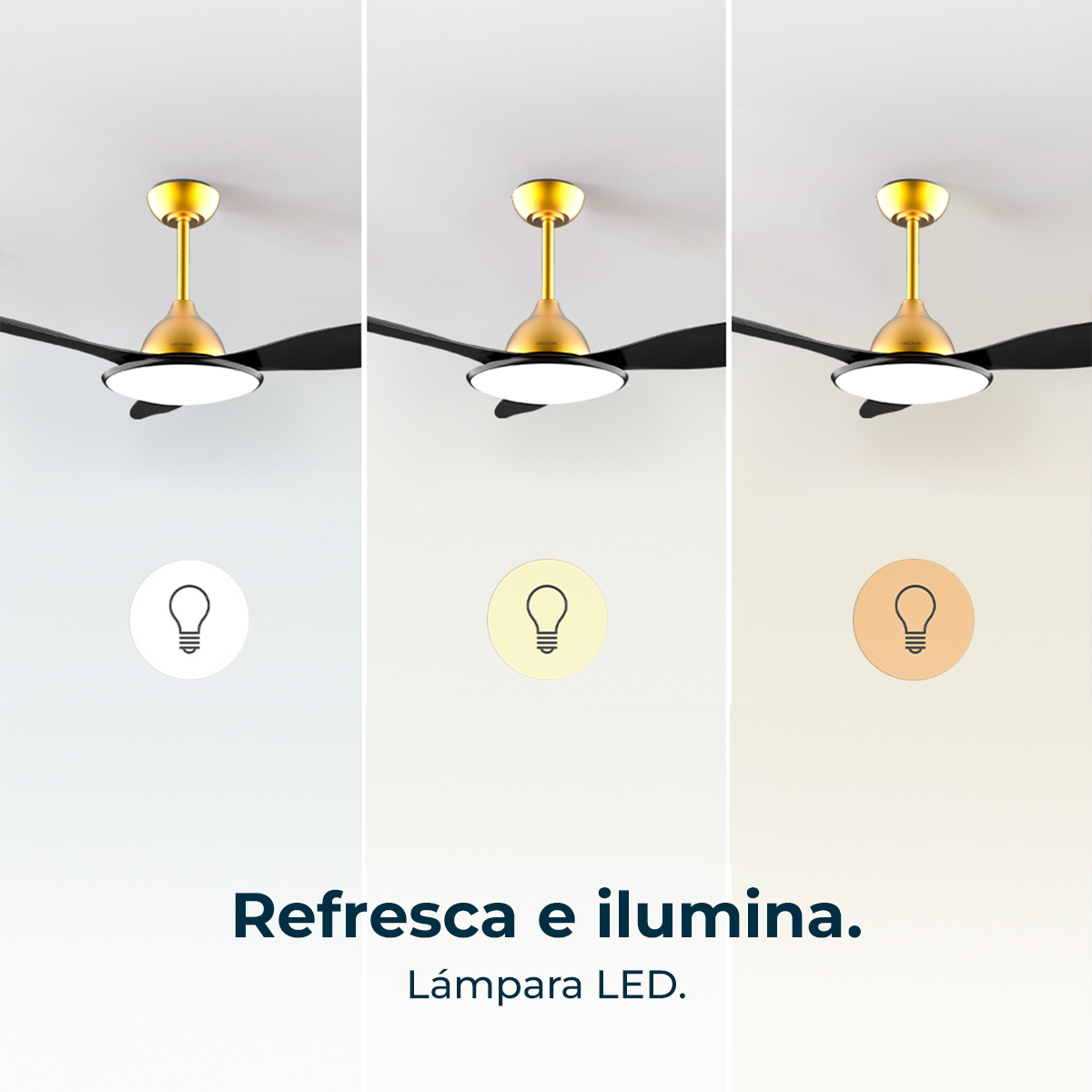 Viene mostrato un ventilatore da soffitto con finitura dorata e pale nere. Sotto sono mostrate tre diverse tonalità di luce.